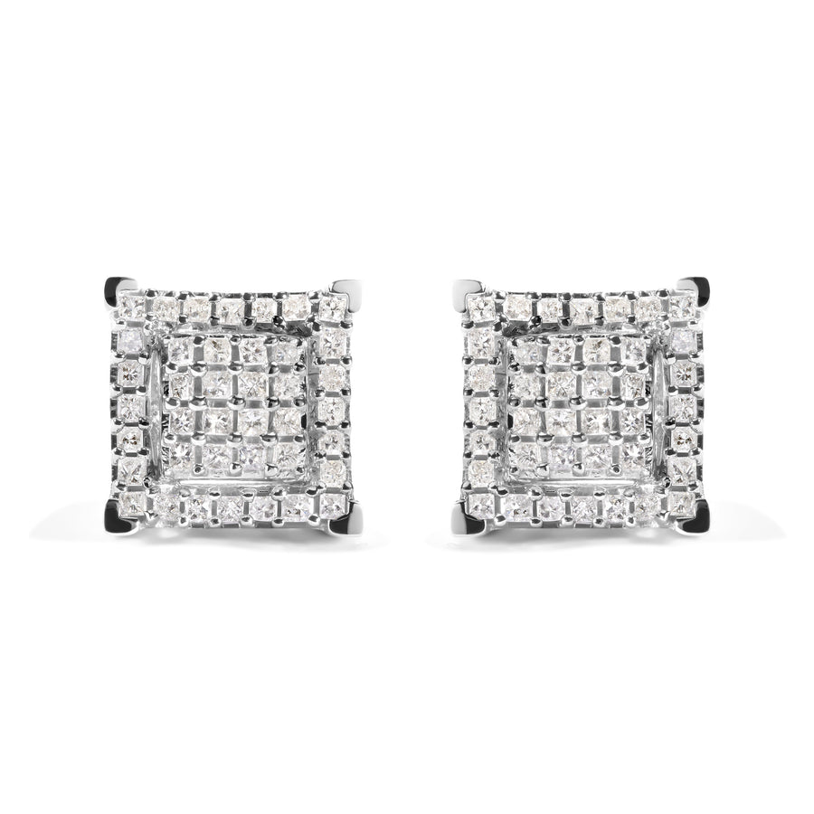 10K White Gold 1 1/4 Cttw Princess Diamond Composite Double Square and Halo Stud Earrings (I-J Color, I1-I2 Clarity)