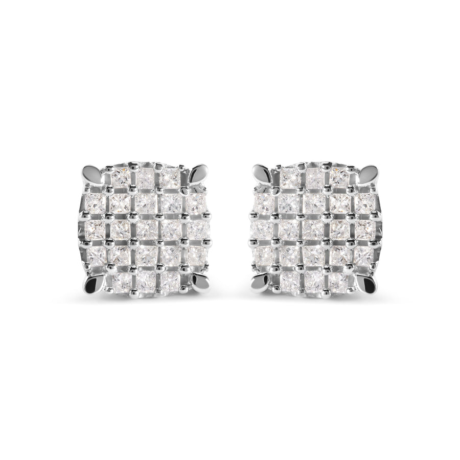 10K White Gold 3/4 Cttw Princess Diamond Composite Cushion Shape Stud Earrings (I-J Color, I1-I2 Clarity)