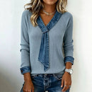 Womens Rib-knit Mock Two-piece V-neck Long-sleeve Top