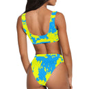 Yellow and Blue Paint Splatter Sport Top & High-Waisted Bikini Swimsuit / Rave Set
