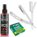 The Shave Factory Straight Edge Razor Kit (Steel Razor/Barber No23 50ml Cologne / 100 Derby Professional Single Edge Razor Blades)