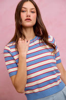 SO ME Stripe Knit Crew Neck Short Sleeves Sweater Top