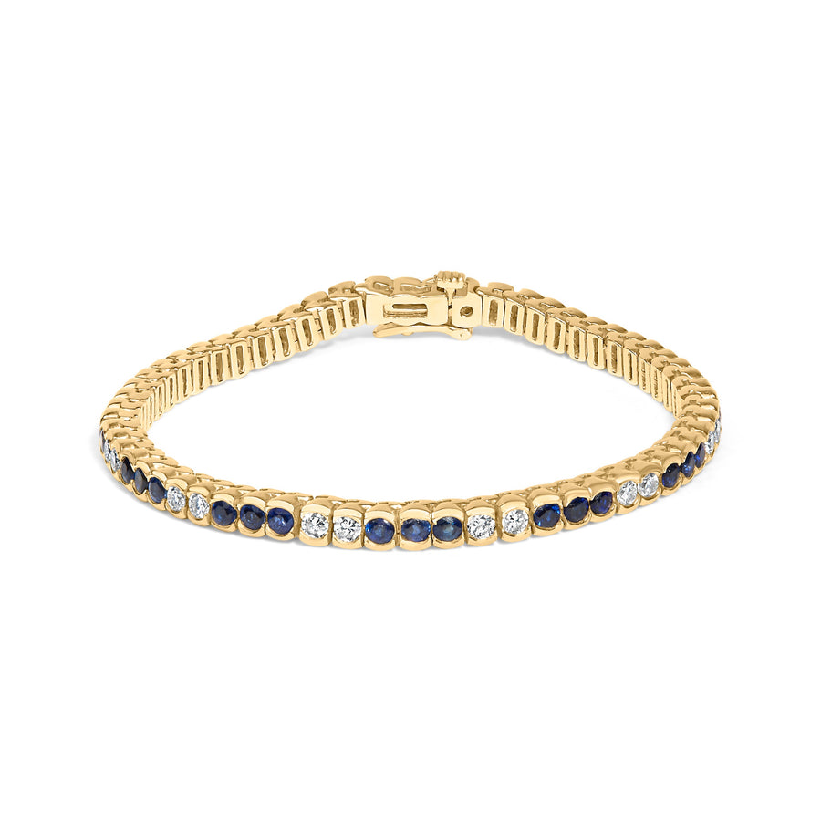 14K Yellow Gold 1 3/4 Cttw Diamond and 5.0 Cttw Blue Sapphire Bezel Set Tennis Bracelet (G-H Color, SI1-SI2 Clarity) - 7