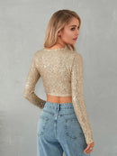 Fashionable Beaded T-shirt Sequined Slim-fit Crop Top