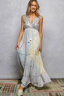 POL Deep V Sleeveless Cotton Bohemian Tiered Maxi Dress