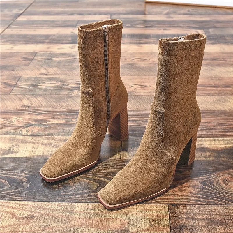 New Square Toe Fleece-lined New Chunky Heel French Boots