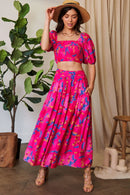 Davi & Dani Smocing Bodice Puff Short Sleeve Printed Crop Top