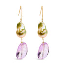 14K Yellow Gold Amethyst and Baroque Pearl Drop and Dangle Earrings 2" Inch Dangle Length