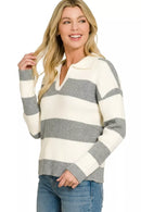 Zenana Striped Collared Sweater