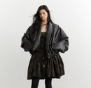 Gender-neutral Pleated Silhouette Ebony-brown Faux Leather PU Jacket