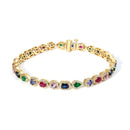14K Yellow Gold Multi-Gemstone  and Diamond Halo Rainbow Tennis Bracelet