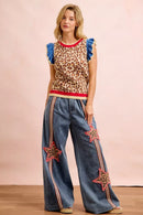BiBi 4th Of July Leopard Ruffled Detail Knit Top