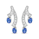 14K White Gold 4x3MM Oval Shaped Natural Blue Tanzanite Gemstone and 1/5 Cttw Diamond Double 3/4" Inch Drop Stud Earrings (H-I Color, VS1-VS2 Clarity)