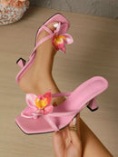 Flower Open Toe Flare Heels Sandals