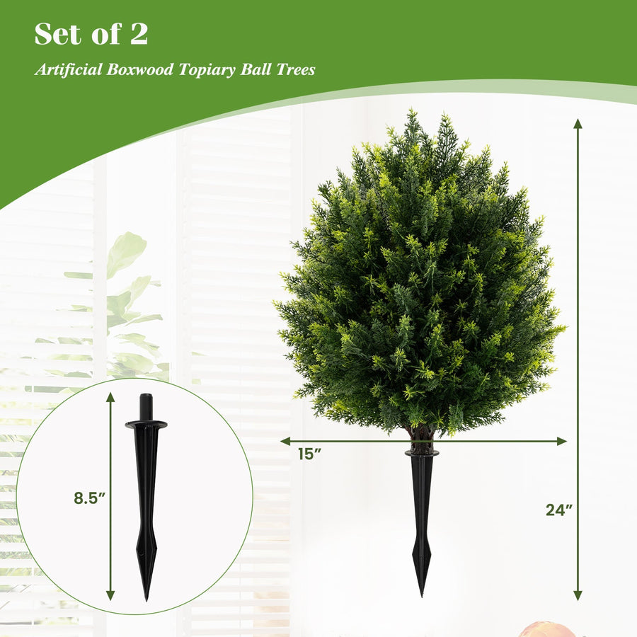 24 Inches Artificial Cypress Topiary Ball Tree Set with Ground Spike-Green