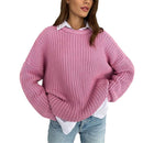 Loose-fit Crew-neck Solid-color Long-sleeve Knit Cardigan