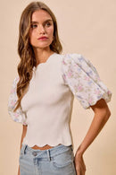 SO ME Floral Cotton Contrast Sleeves Scallop Sweater Top