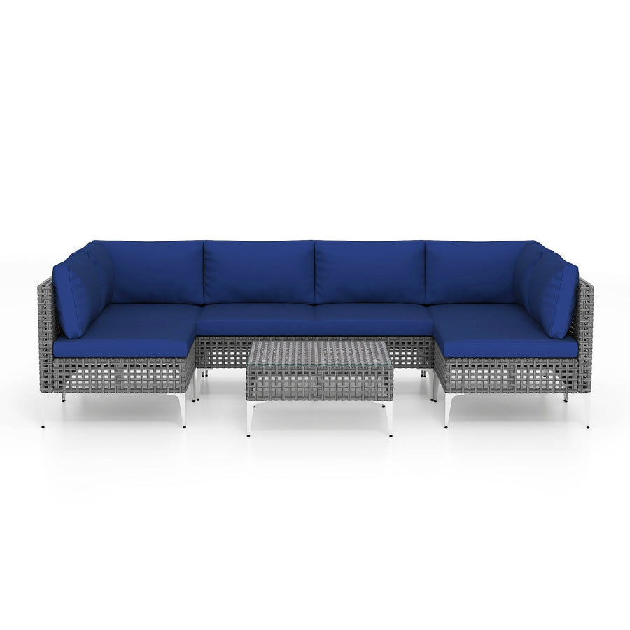 7 Piece Outdoor Furniture Set Wicker Chairs with Tempered Glass Coffee Table-Navy