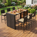 7-Piece Outdoor Wicker Bar Set with Acacia Wood Table & Stools