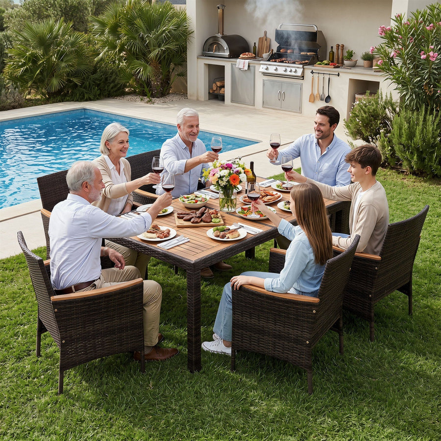 7-Piece Patio Dining Set with Acacia Wood Table & Cushions