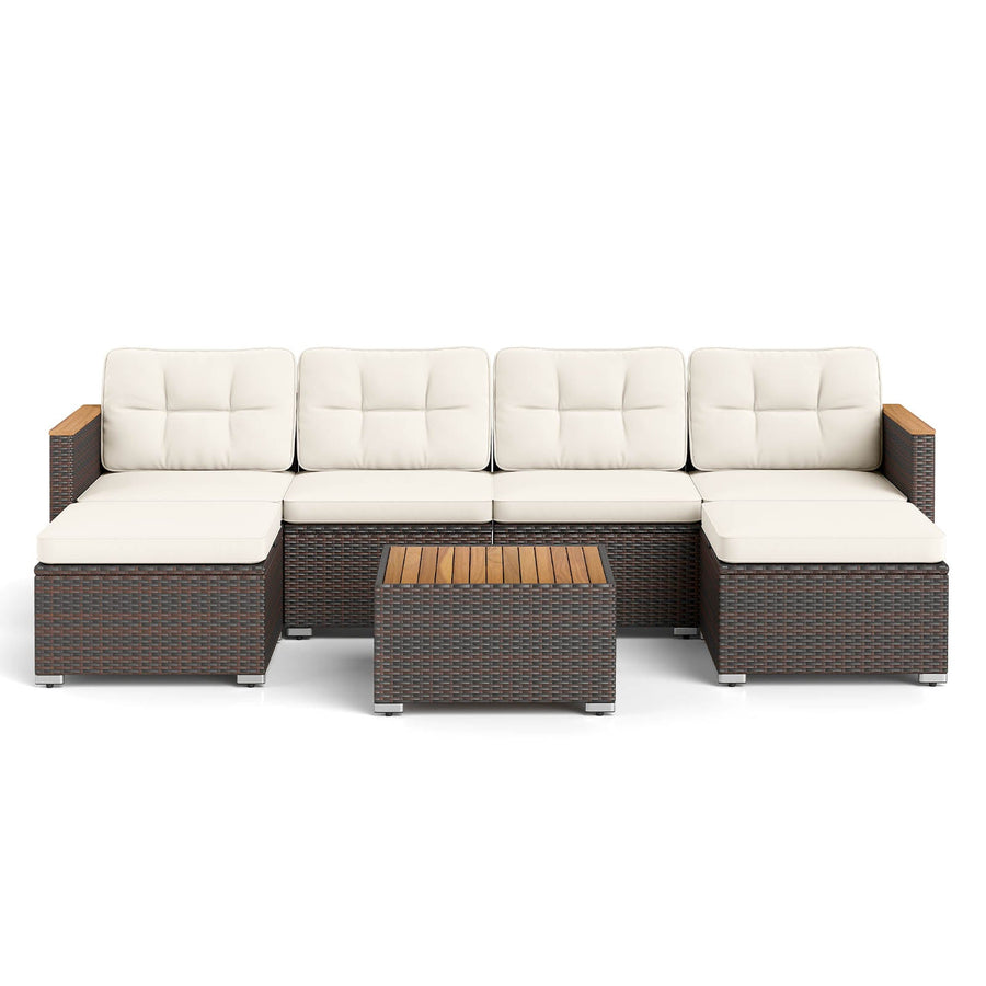 7 Pieces Wicker Conversation Set with Wood Armrests for Backyard-White
