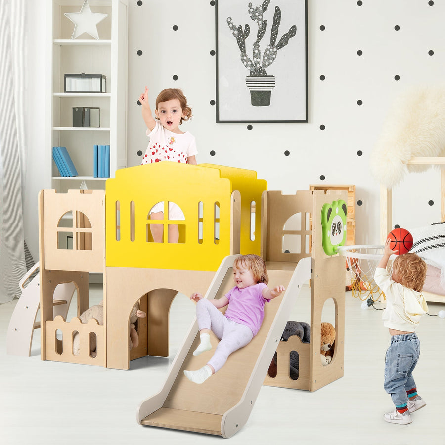 7-in-1 Toddler Slide Set for Kids with Climber and Basketball Hoop-Multicolor