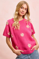 BiBi Flower Embroidered Short Sleeves Knit Top