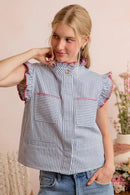 SO ME Stripe Twill Stitch Ruffled Hidden Button Vest Top