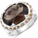 Two Tone Plated 9.58 Carat Genuine Smoky Quartz & Citrine .925 Sterling Silver Ring