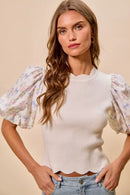 SO ME Floral Cotton Contrast Sleeves Scallop Sweater Top