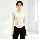 Small V-neck Pleated-waist Long-sleeve Womens Top