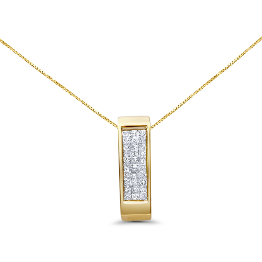 14K Yellow Gold 1/2 Cttw Invisible Set Princess Cut Diamond Vertical Bar Block Pendant 18
