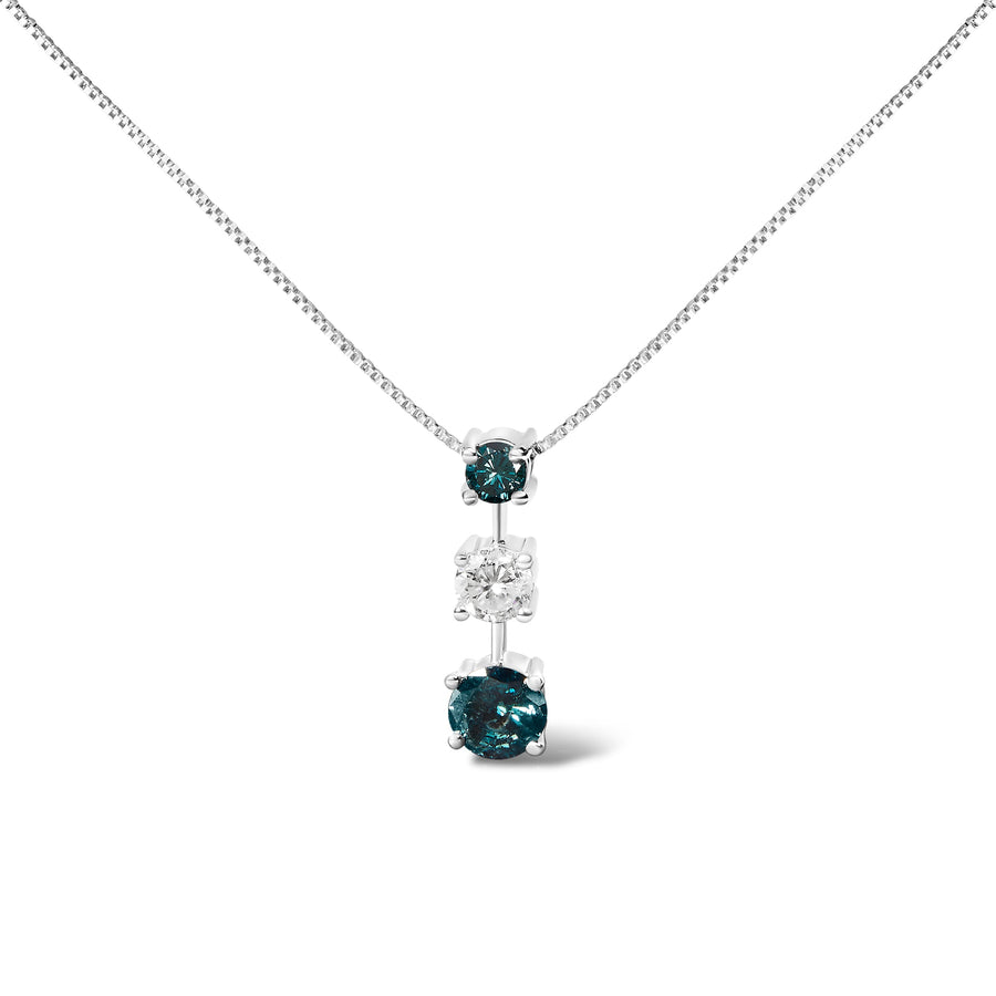 14K White Gold 1 1/2 Cttw Treated Blue and White Diamond 3-Stone 18