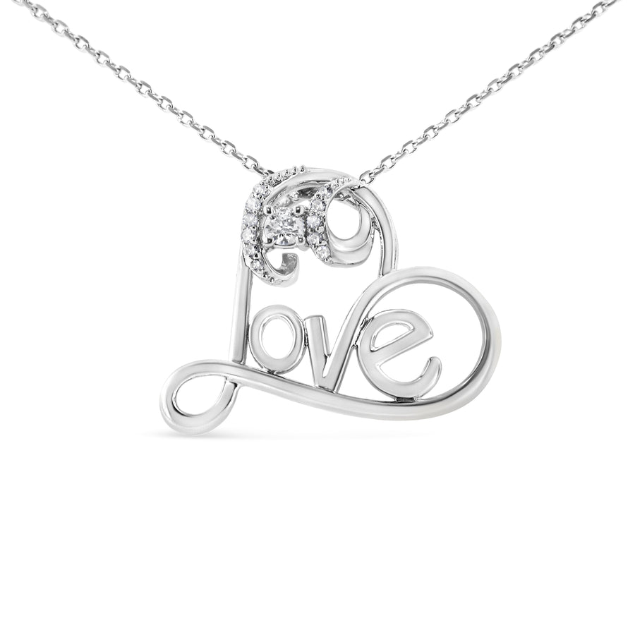.925 Sterling Silver 1/6 Cttw Round Brilliant-Cut Diamond Accented Open Heart with Love 18