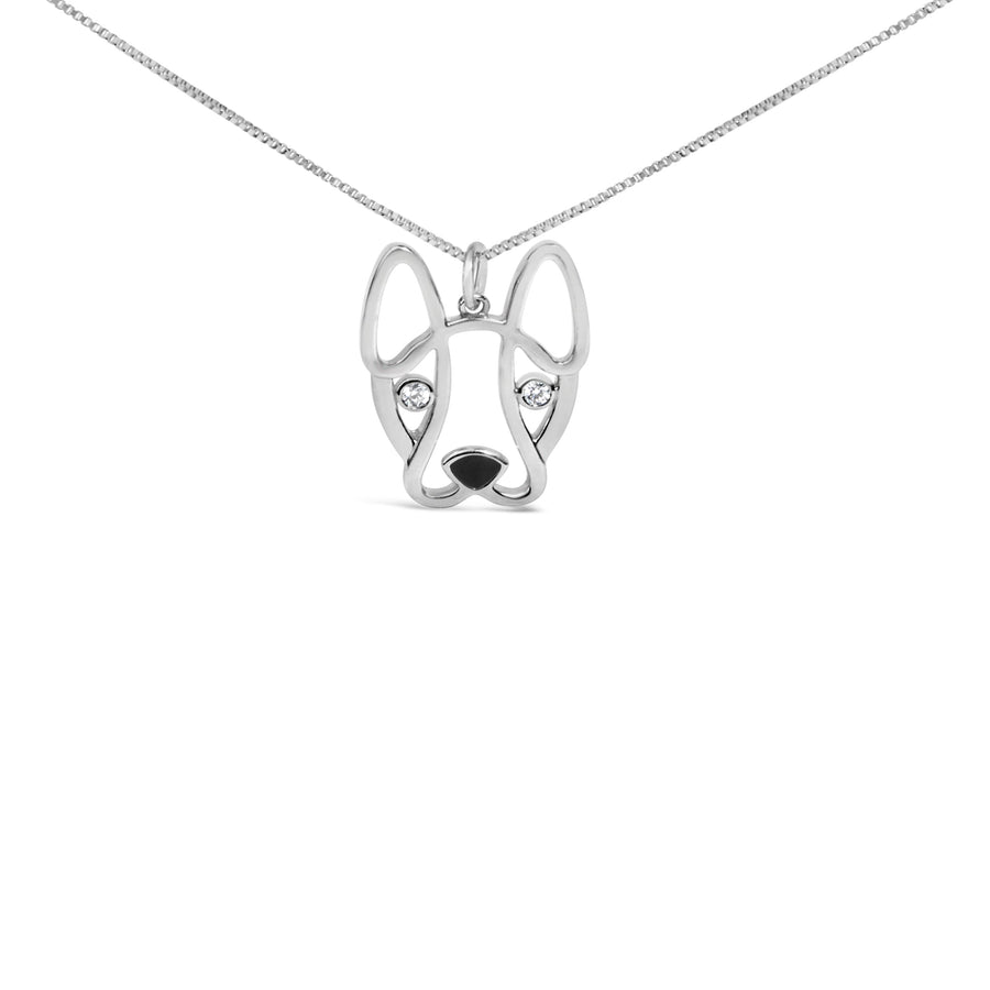 .925 Sterling Silver Diamond Accent and Black Enamel French Bullldog 18
