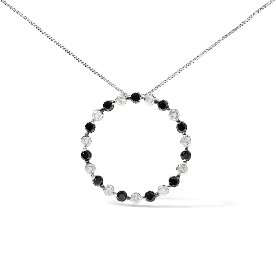 .925 Sterling Silver 1 3/4 Cttw Alternating Black and White Diamond Open Circle Hoop Pendant Necklace (H-I Color, I2-I3 Clarity) - 18