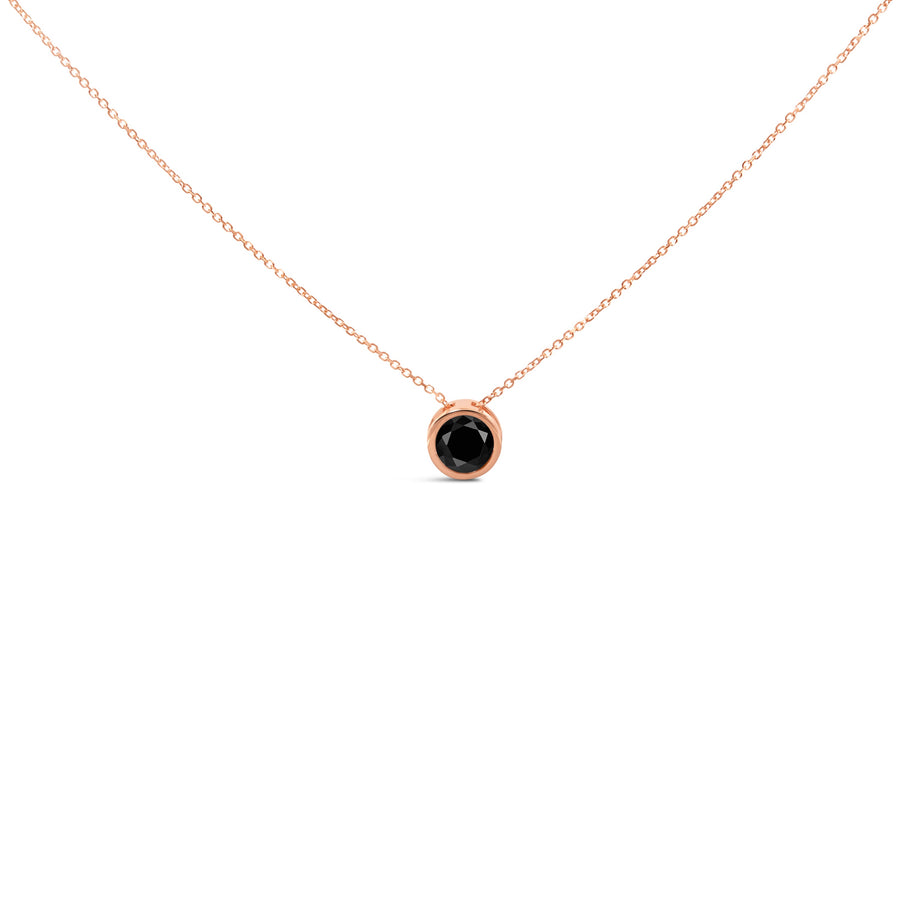 14K Rose Gold 3 1/2 Cttw Bezel-Set Black Round Diamond Solitaire Pendant Necklace (Black Color, I2-I3 Clarity) - 18