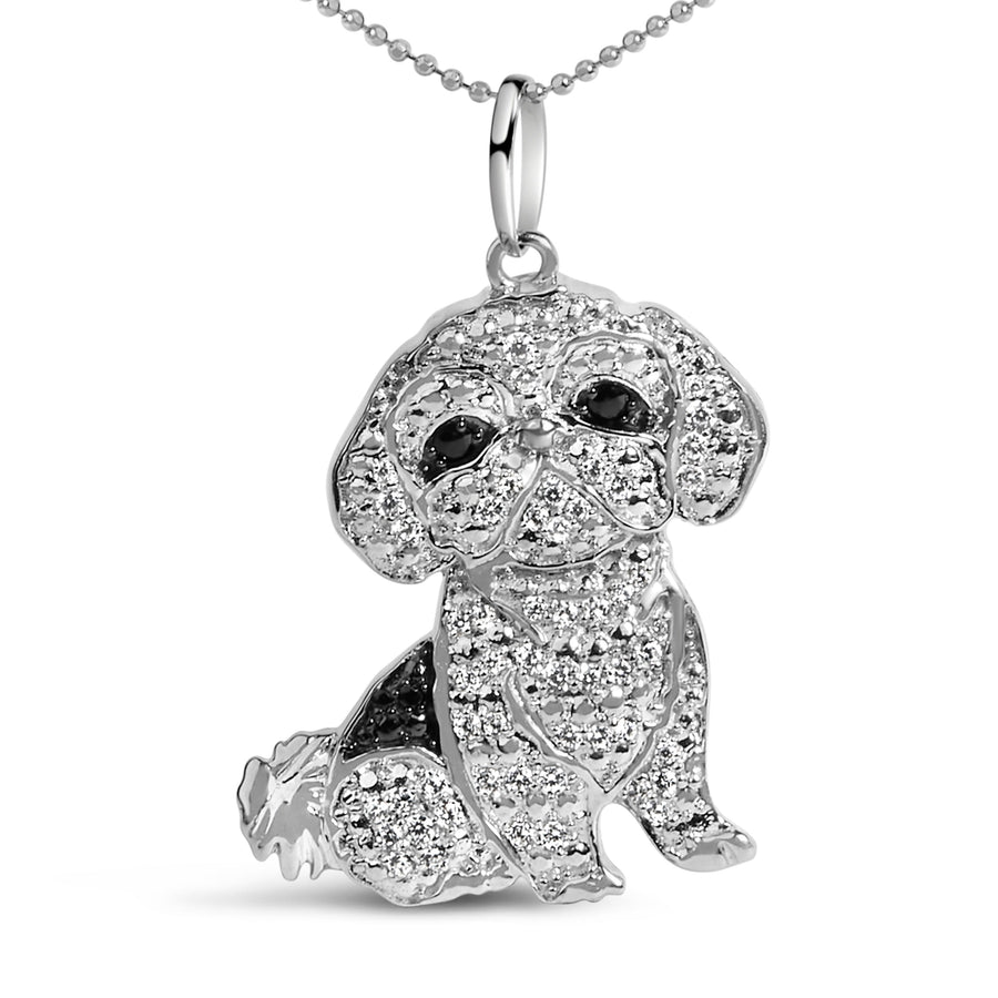 .925 Sterling Silver 1/2 Cttw White and Black Diamond Shih Tzu Dog 18