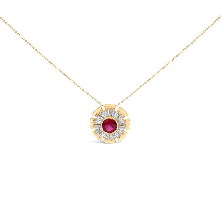 14K Yellow Gold Plated Silver Created Red Ruby and Diamond Baguette Medallion Pendant Necklace