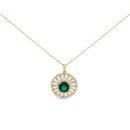 14K Yellow Gold Plated Sterling Silver Lab Grown Emerald and Diamond Sunburst Medallion Pendant Necklace