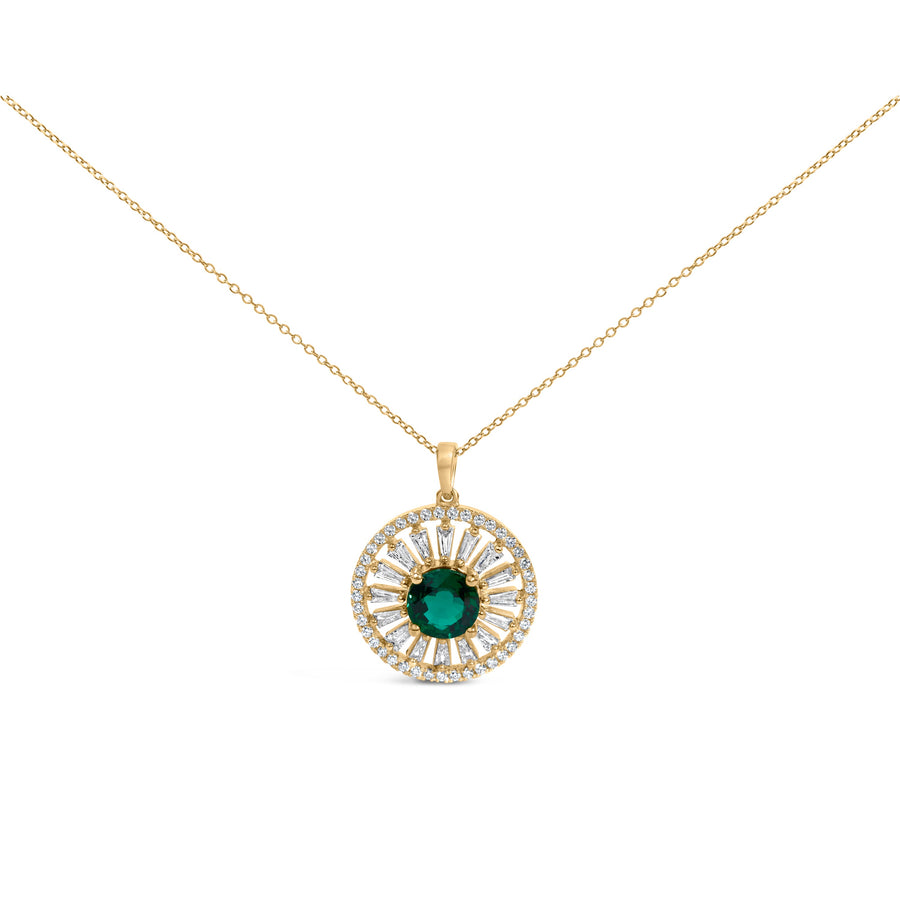 14K Yellow Gold Plated Sterling Silver Lab Grown Emerald and Diamond Sunburst Medallion Pendant Necklace