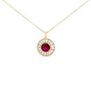14K Yellow Gold Plated Silver Created Red Ruby and Baguette Diamond Sunburst Medallion Pendant Necklace