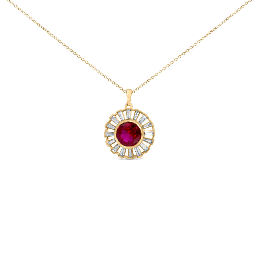 14K Yellow Gold Plated Silver Created Red Ruby and Baguette Diamond Sunburst Medallion Pendant Necklace