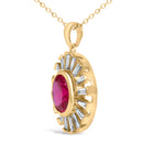 14K Yellow Gold Plated Silver Created Red Ruby and Baguette Diamond Sunburst Medallion Pendant Necklace