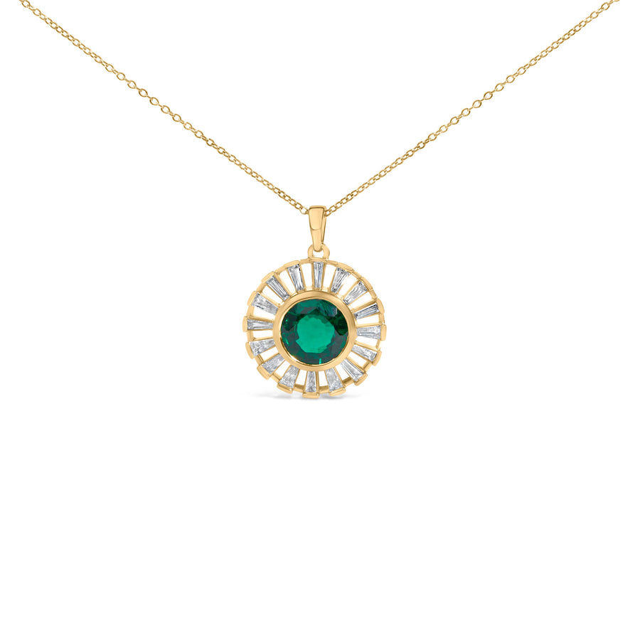 14K Yellow Gold Plated Sterling Silver Lab Grown Emerald and Baguette Diamond Sunburst Medallion Pendant Necklace