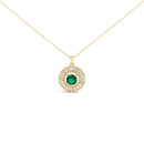 14K Yellow Gold Plated Silver Lab Grown Emerald and Diamond Sunburst Medallion Pendant Necklace