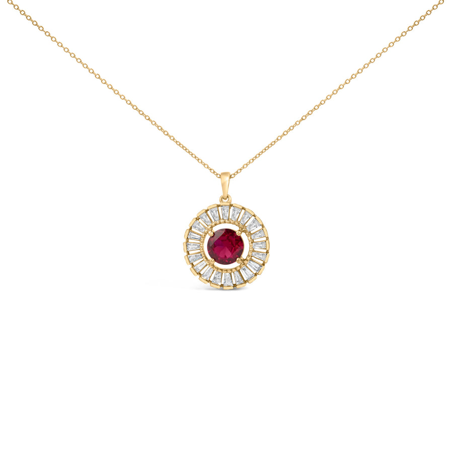 14K Yellow Gold Plated Sterling Silver Created Red Ruby and Diamond Medallion Pendant Necklace