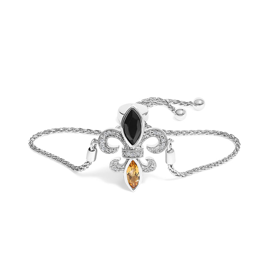.925 Sterling Silver Marquise Black Onyx, Orange Citrine, and Diamond Accent Lariat 4â€-10â€ Fleur De Lis Adjustable Bolo Bracelet (I-J Color, I1-I2 Clarity) - 7