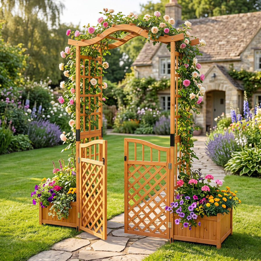 Garden Arbor with Gate and 2 Planter Boxes, 83