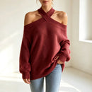 Halterneck Off-shoulder Knitted Pullover For Women